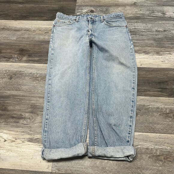 Vintage Levis 505 Red Tab Faded Blue Mens 36 Rolled Hem Straight Leg Denim Jeans - Picture 1 of 12